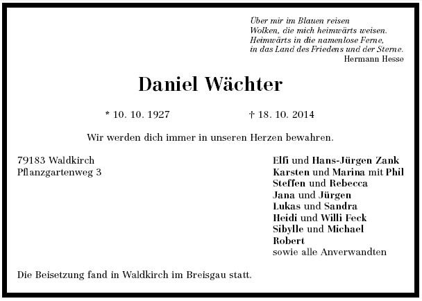 Waechter Daniel 1927-2014 Todesanzeige 2